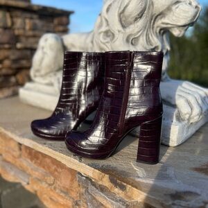 Rachel Zoe Elegant Croc-Embossed Ankle Boots - Deep Burgundy